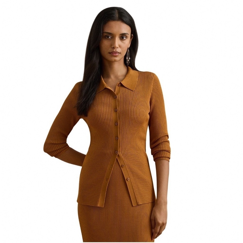 Lauren Ralph Lauren Brown‎ Rib Knit Long Sleeve Polo Cardigan Size Large NEW